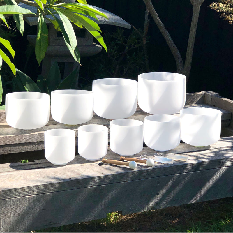 FULL CHAKRA SET OF 9 WHITE CRYSTAL SINGING BOWLS IN BEIGE BAGS