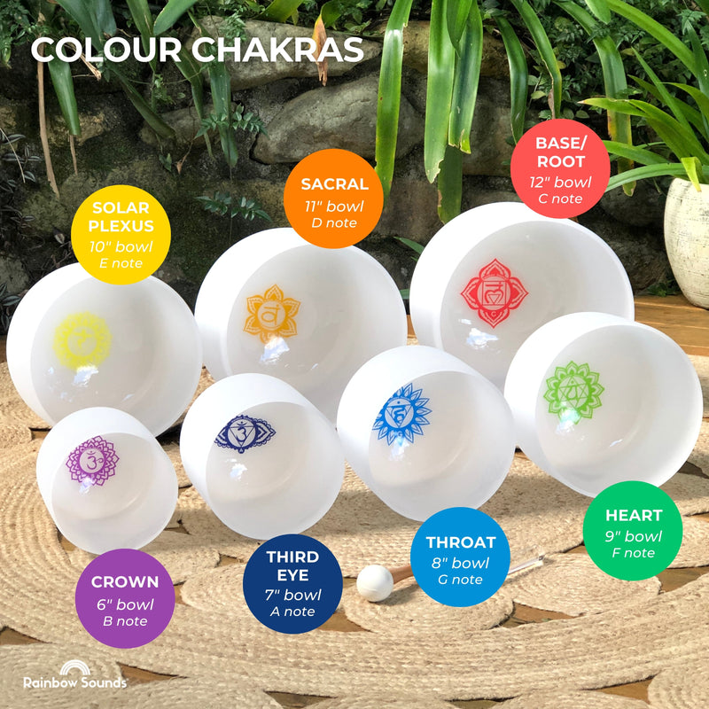 SET OF 7 WHITE CRYSTAL SINGING BOWLS IN BEIGE BAGS