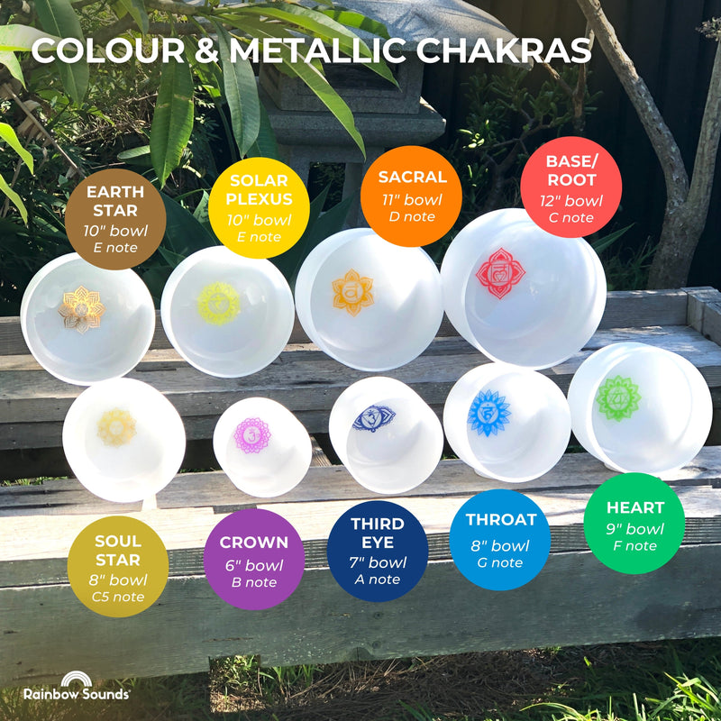 FULL CHAKRA SET OF 9 WHITE CRYSTAL SINGING BOWLS IN BEIGE BAGS