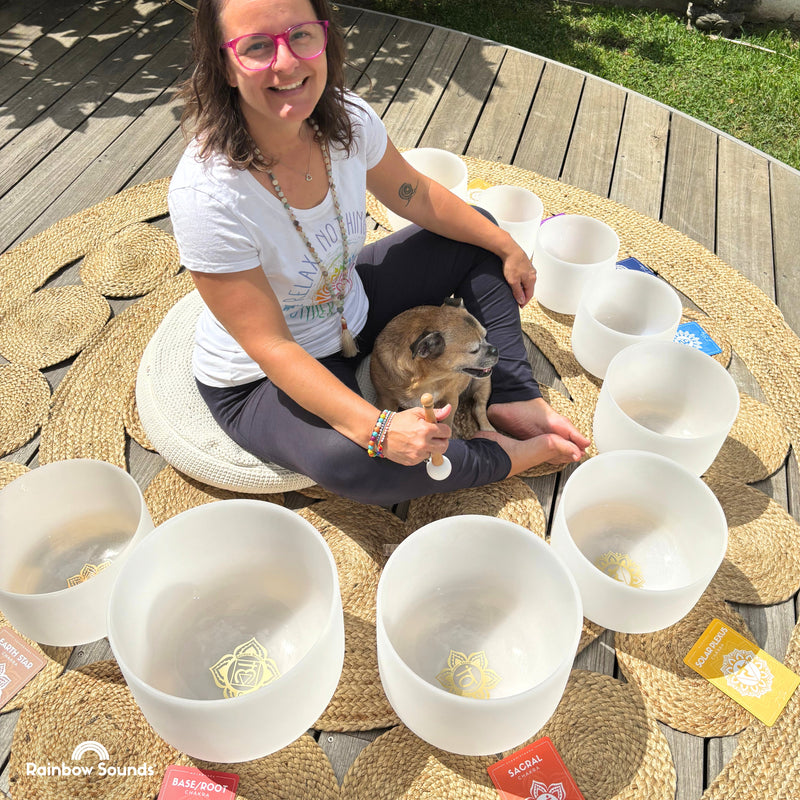 FULL CHAKRA SET OF 9 WHITE CRYSTAL SINGING BOWLS IN BEIGE BAGS