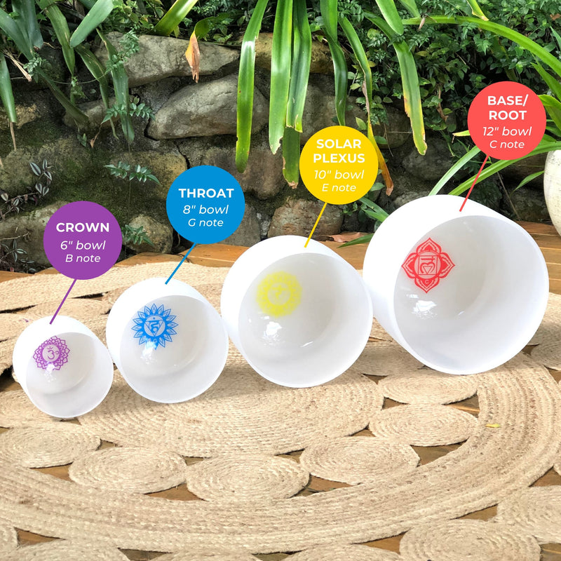 SET OF 4 WHITE CRYSTAL SINGING BOWLS IN BEIGE BAG