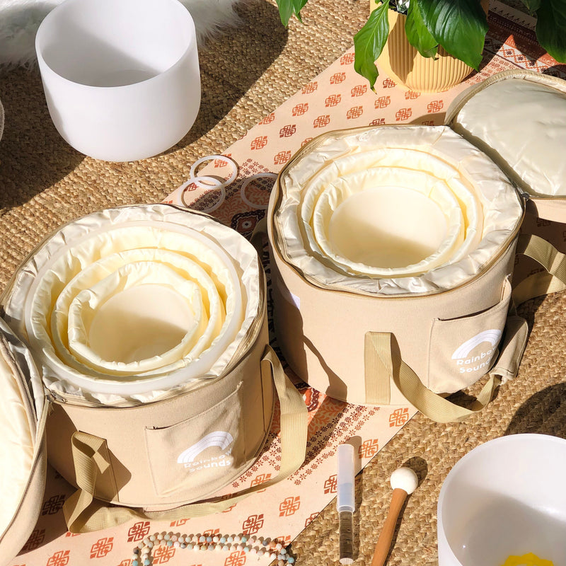 SET OF 7 WHITE CRYSTAL SINGING BOWLS IN BEIGE BAGS