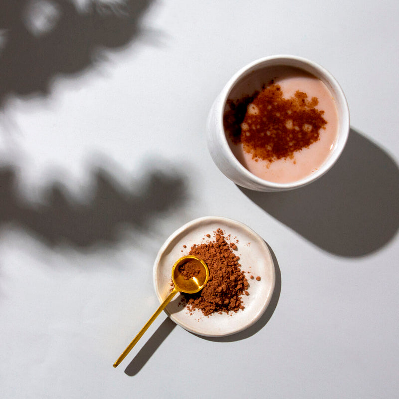 Dust infusion hot chocolate next to cacao powder and spoon