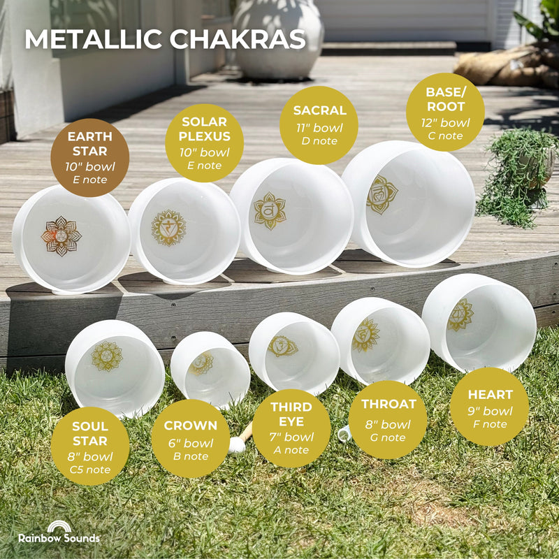 FULL CHAKRA SET OF 9 WHITE CRYSTAL SINGING BOWLS IN BEIGE BAGS