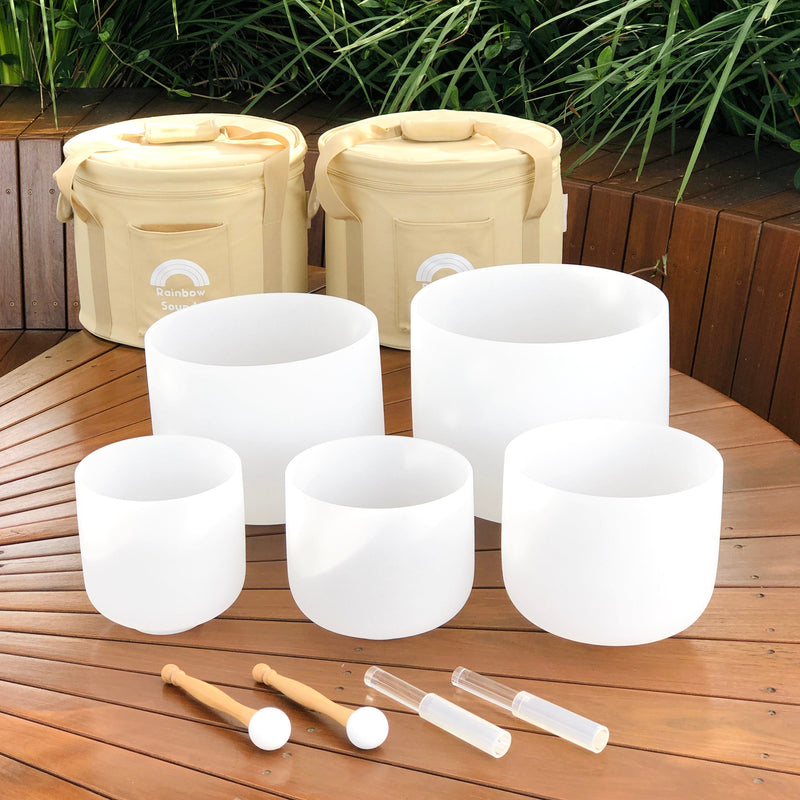 SHARP NOTES | SET OF 5 WHITE CRYSTAL SINGING BOWLS IN BEIGE BAGS