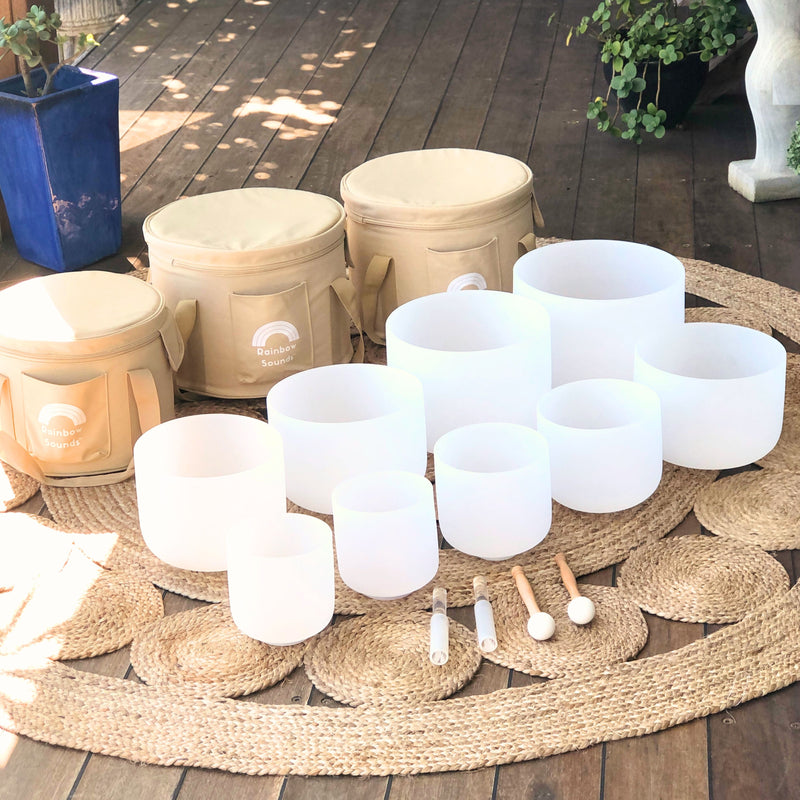 FULL CHAKRA SET OF 9 WHITE CRYSTAL SINGING BOWLS IN BEIGE BAGS