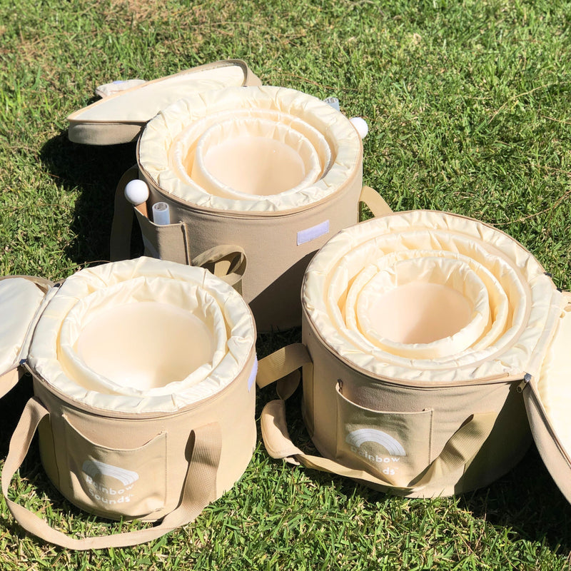 FULL CHAKRA SET OF 9 WHITE CRYSTAL SINGING BOWLS IN BEIGE BAGS