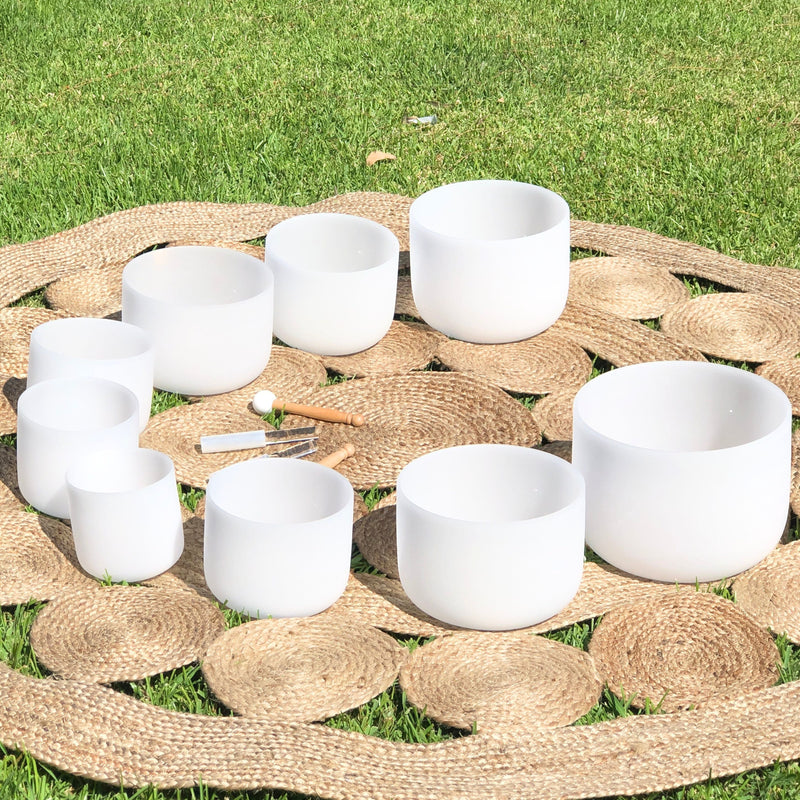 FULL CHAKRA SET OF 9 WHITE CRYSTAL SINGING BOWLS IN BEIGE BAGS