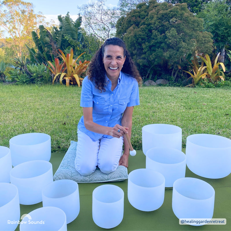 FULL CHAKRA SET OF 9 WHITE CRYSTAL SINGING BOWLS IN BEIGE BAGS