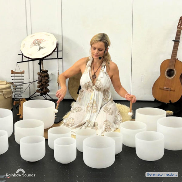 FULL CHAKRA SET OF 9 WHITE CRYSTAL SINGING BOWLS IN BEIGE BAGS